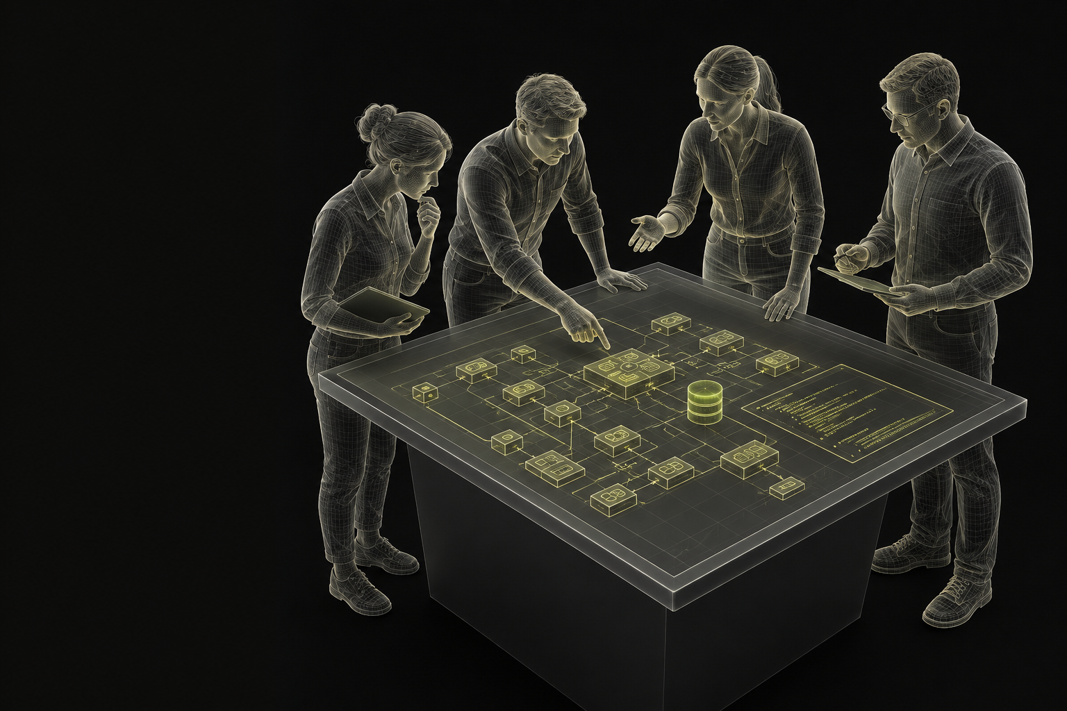 Four digital architects and specialists review a software project, with components, data and specifications on a shared worktable.